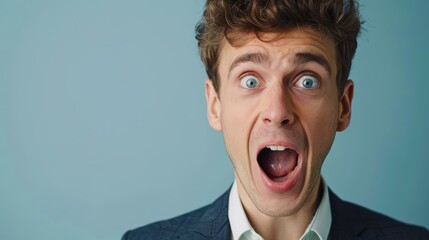Shocked young man with open mouth wearing suit. Studio portrait on turquoise background.