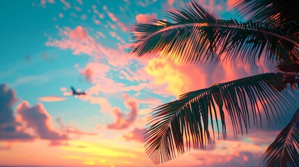 Close-up of palm tree fronds against a soft dawn sky with a distant plane - obrazy, fototapety, plakaty