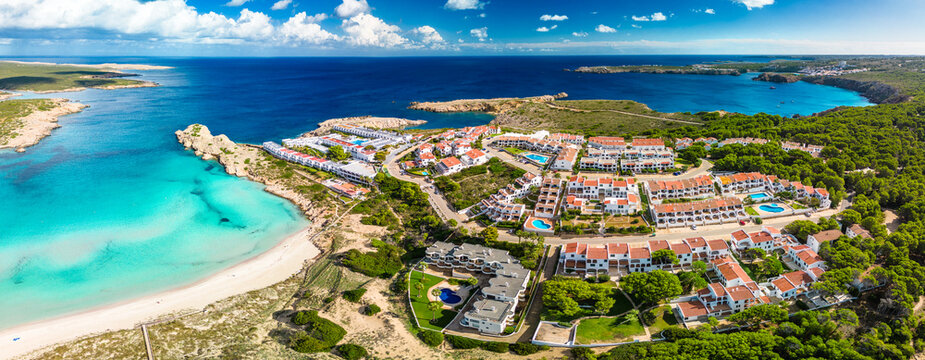 Areal drone view of Arenal de Son Saura beach at Menorca island, Spain