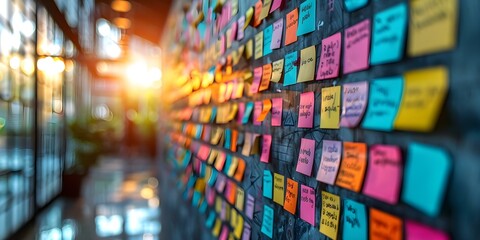 A closeup of a whiteboard with colorful sticky notes and markers displaying keywords related to planning and strategy. Concept Closeup Photography, Colorful Sticky Notes, Planning and Strategy - obrazy, fototapety, plakaty