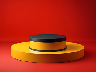 Capturing the Brilliance of a Round Yellow Podium Against a Bold Red Studio Backdrop.