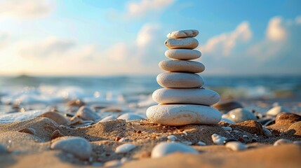 Zen Stack of Beach Stones: Sandy Harmony Life Balance