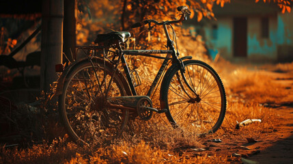 Bicycle with a vintage reddish tint, featuring people with calm expressions and elegant postures - obrazy, fototapety, plakaty