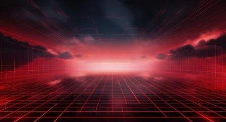 Tuinposter Red grid floor line on glow neon night red background, Synthwave vaporwave retrowave cyber background, concert poster, rollerwave, technological design, shaped canvas, smokey cloud wave background. © ribelco