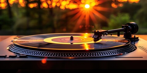 Record player needle on vinyl record with sun in background