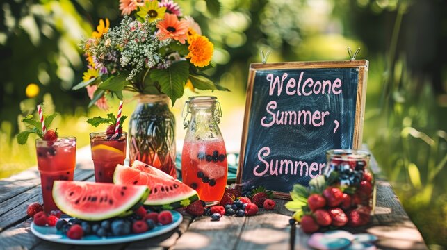 Colorful summer beverage table setup with fresh fruits and Welcome Summer chalkboard sign.