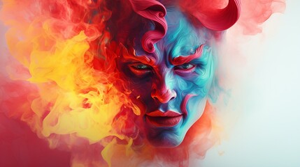 Red devil face and horn illlustration, red and rainbow background splash smoke Generate AI