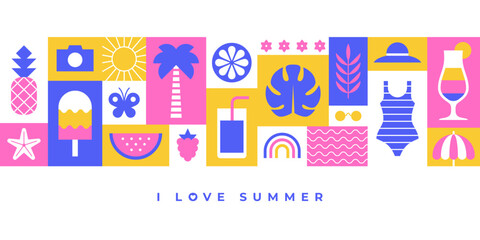 Summer horizontal banner with colorful icons and symbols in blocks. - 772479794