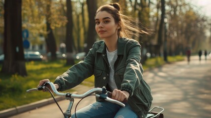 Young woman riding a bicycle on a sunny day in the park. Outdoor leisure and eco-friendly transport concept