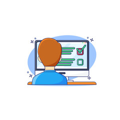 Online learning concept. Man choose correct answer on computer cartoon vector. Questionnaire polling and survey illustration