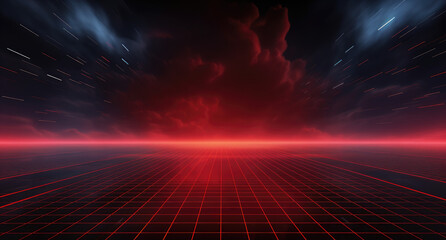 Red grid floor line on glow neon night red background, Synthwave vaporwave retrowave cyber background, concert poster, rollerwave, technological design, shaped canvas, smokey cloud wave background.