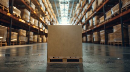 Pallet with a single large cardboard box against a backdrop of soft-focus warehouse shelves
