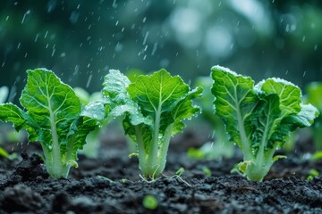 In a mystical garden, vegetables bloom with the energy of lightning, illustrating the volatile nature of finance. Each plant thrives or wilts, echoing market fluctuations in a thunderous atmosphere. - obrazy, fototapety, plakaty