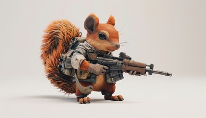 Imagine a baby squirrel, embodying the spirit and attire of a World War II soldier, standing proud with a weapon. The artwork is crafted in 3D