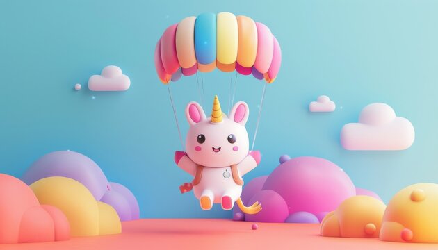 A kawaii baby-unicorn in World War 2 attire, parachuting amidst vivid colors. Calm, clay-textured, minimalistic, isometric. No shadows, super cute cartoon vibe, mysterious. 3D, C4D character design on