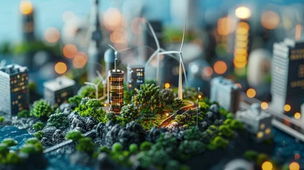 Fotobehang Miniature cityscape with sustainable energy solutions including wind turbines. Smart city and renewable energy concept © ANStudio