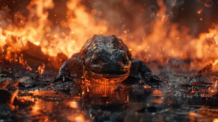In a world where the sky rains fire, a resilient salamander carries the last pie made from the final harvest of vegetables through a scorched earth. Desolation meets hope on its journey. - obrazy, fototapety, plakaty