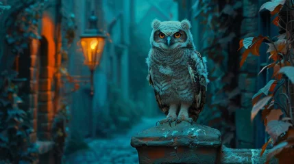 Foto op Canvas In the shadowy streets of a 19th-century town, under the cloak of night, a baby owl perches atop an ancient, ivied lamppost. Its eyes, glowing with a wisdom beyond its age © Thor.PJ