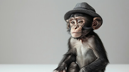 Cheeky monkey in a tiny fedora hat sits thoughtfully on a white ground - obrazy, fototapety, plakaty