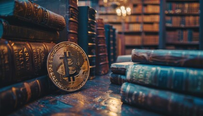 Economic textbooks overshadowed by glowing Bitcoin, dim library light, eye-level view