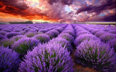 Rows of lavender stretching towards a horizon ablaze with pinks, oranges, and purples. The air is filled with a soft, hazy glow and the faint scent of lavender.