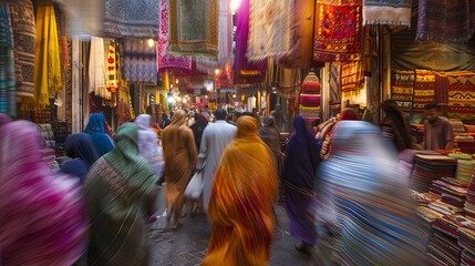 Vibrant market alley with motion blur of people shopping. Cultural travel and commerce concept. - obrazy, fototapety, plakaty