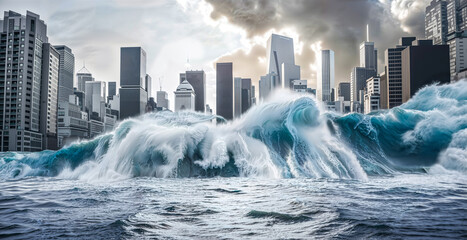 huge tsunami water hits large city. modern city's skyscrapers submerged by tsunami with a giant second wave coming	 - obrazy, fototapety, plakaty