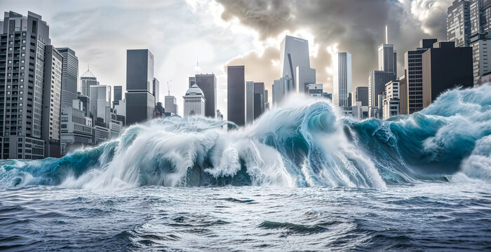 huge tsunami water hits large city. modern city's skyscrapers submerged by tsunami with a giant second wave coming	