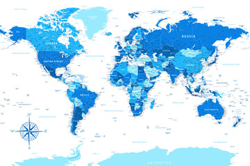 Fototapeta na wymiar World Map - Highly Detailed Blue Colored Vector Map of the World. Ideally for the Print Posters.