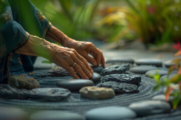 a person's hands arranging stones in a Zen garden, with soft focus and deliberate movements conveying a sense of presence and mindfulness - obrazy, fototapety, plakaty