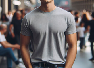 AI generated photo of a man wearing a plain gray t-shirt for mockup design