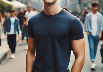AI generated photo of a man wearing a plain navy blue t-shirt for the mockup design