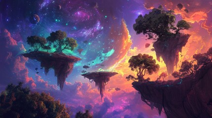 Obraz premium Vibrant floating islands with lush, colorful trees defy gravity in an otherworldly cosmic space, creating a scene from a fantastical dream. Resplendent.