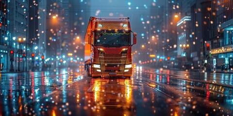 Vibrant Red Semi Truck Splashing Through Rainy Streets