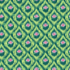 Vintage seamless pattern in ikat style. Retro green ikat pattern with peacock feathers.