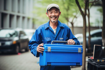 Smiling worker Asian appearance and holding tool box on the street