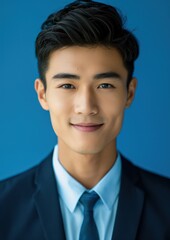Smiling and looking directly at the camera, a young man wearing professional attire poses against a blue solid color background in this photo.
