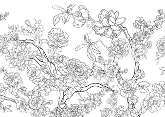 Blossom trees with rose, peony, chrysanthemum, Seamless pattern, background. Outline Vector illustration. In Chinoiserie, botanical style