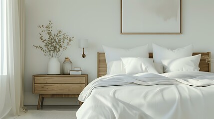 modern bedroom decor design in the Scandinavian style. White linen, bedside cabinets, and a wooden bed.
