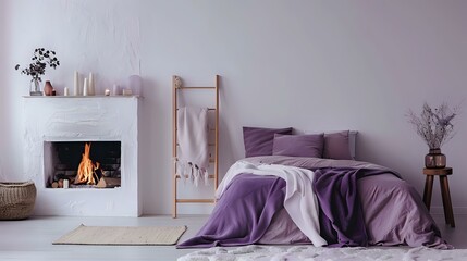 Modern bedroom decor design in a Scandinavian style. Purple bedding on a bed with a wooden ladder shelf next to a fireplace