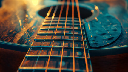 Close-up of acoustic guitar strings, bathed in a warm, amber light, highlighting the wooden texture.