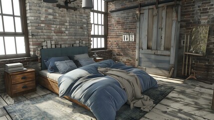 Modern bedroom with loft interior design. An aged brick wall with a grunge look and a rustic bed with blue linen and a storage unit.