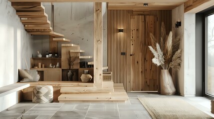 Modern entry hall interior design with a wooden staircase in a rustic Scandinavian style