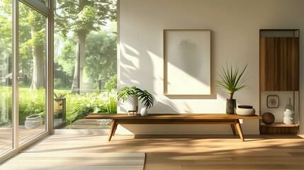 Modern entryway with a wooden bench in a mid-century interior design.