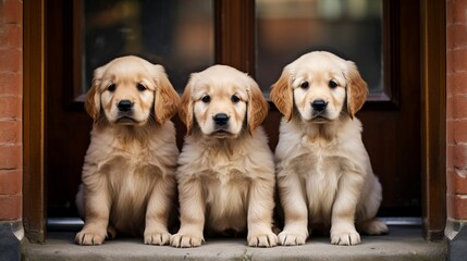 three golden retriever puppies, lined up sweetly, sitting in front of the door waiting for their owner, Generate AI