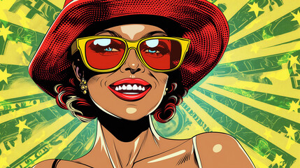 A vibrant pop art image of a fashionable woman with a wide-brimmed hat and red sunglasses, exuding confidence and charm.