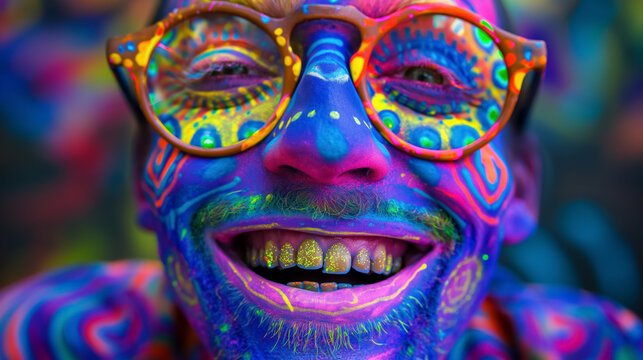 A close-up of a joyful man with a colorful painted face and bright glasses, displaying a spirit of celebration and creativity.