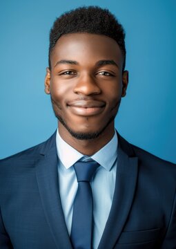 a young black man wearing professional attire smiles and maintains direct eye contact with the camera