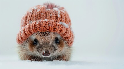 Curious hedgehog sports a tiny knitted hat peeking out on a white backdrop