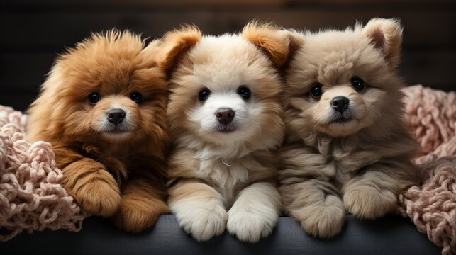 Three very soft teddy bears, brown, white background, photo studio light Generate AI